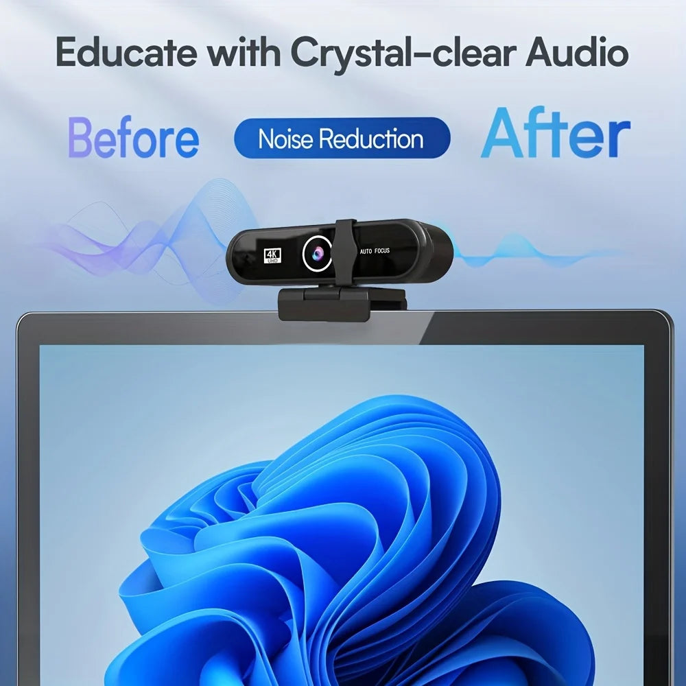 4K UHD Webcam, Auto Focus, Built-in Microphone, USB Camera, Desktop/laptop, Includes Tripod Mount,  Plug-and-Play