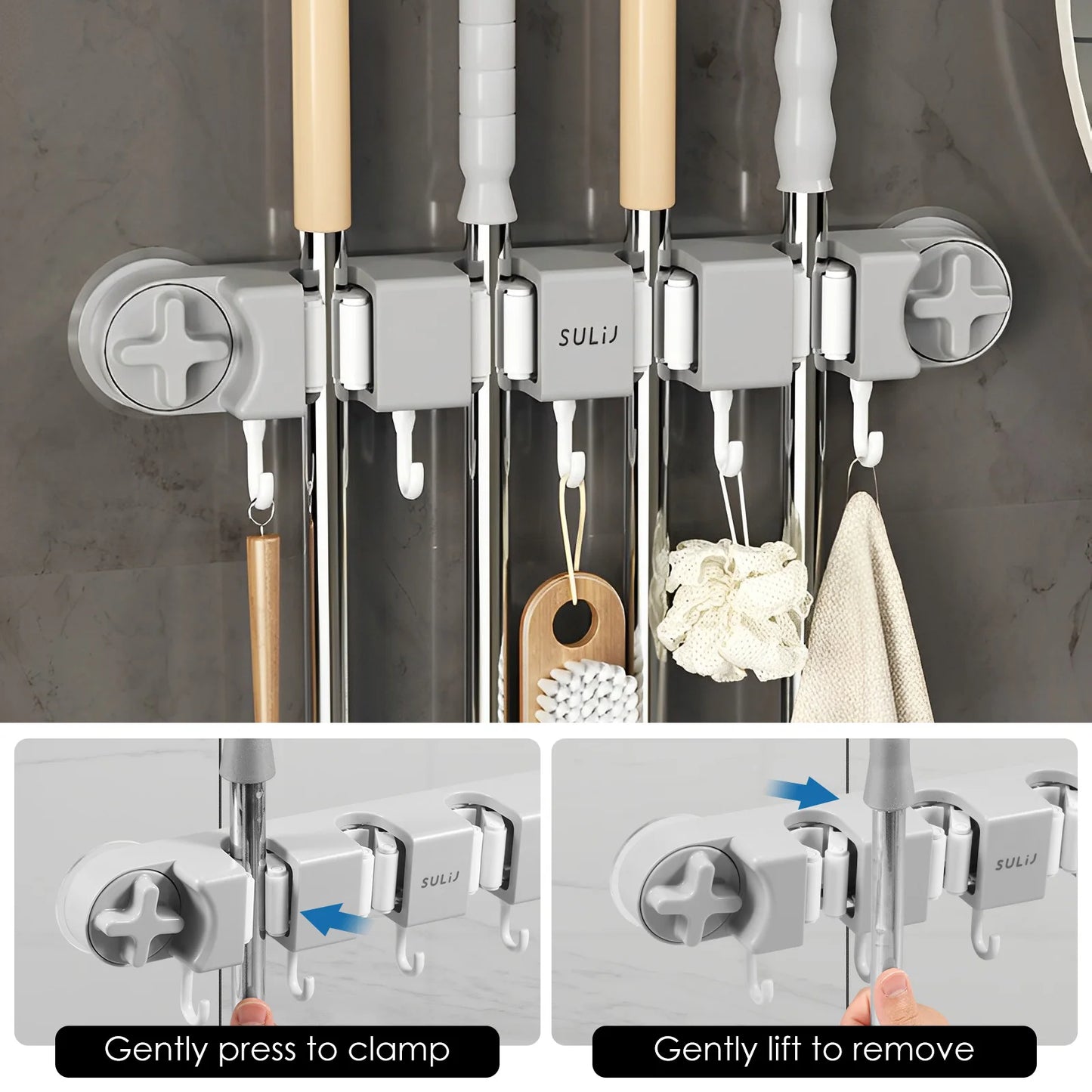 Upgrade Broom Holder Multifunctional Magic Mop Holder With Vacuum Suction Cup Wall-Mounted Broom Drain Bathroom Organizer NEW