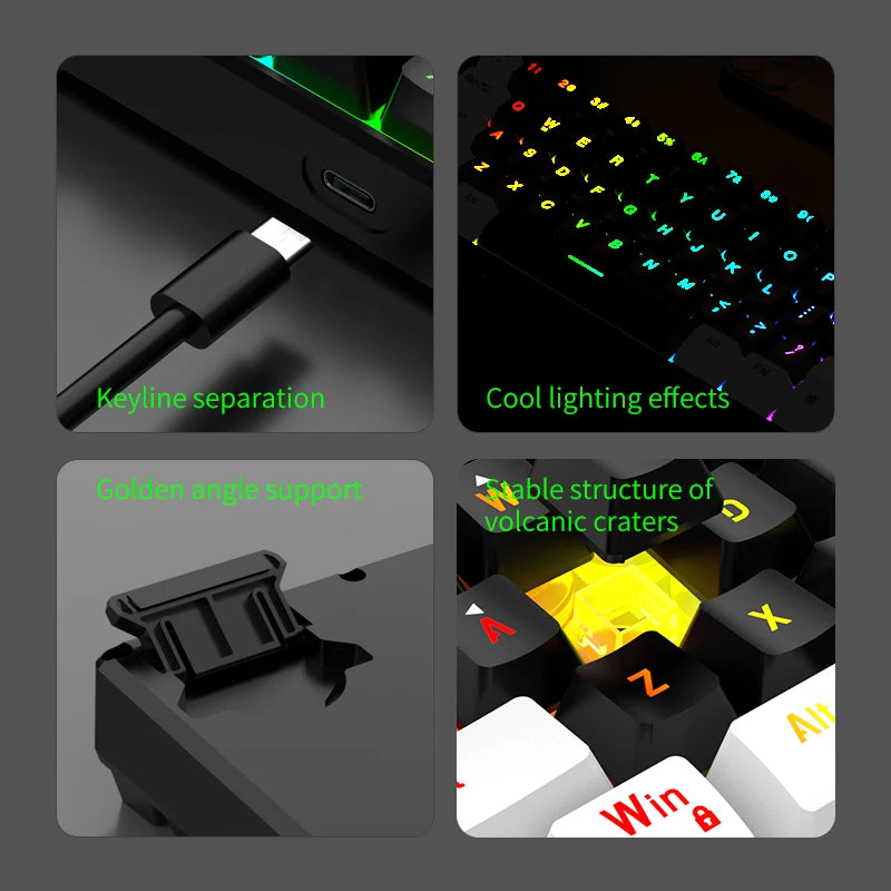 60% compact wired keyboard, red switch mechanical keyboard, 61 keys, RGB backlight, ergonomic, small portable office computer me
