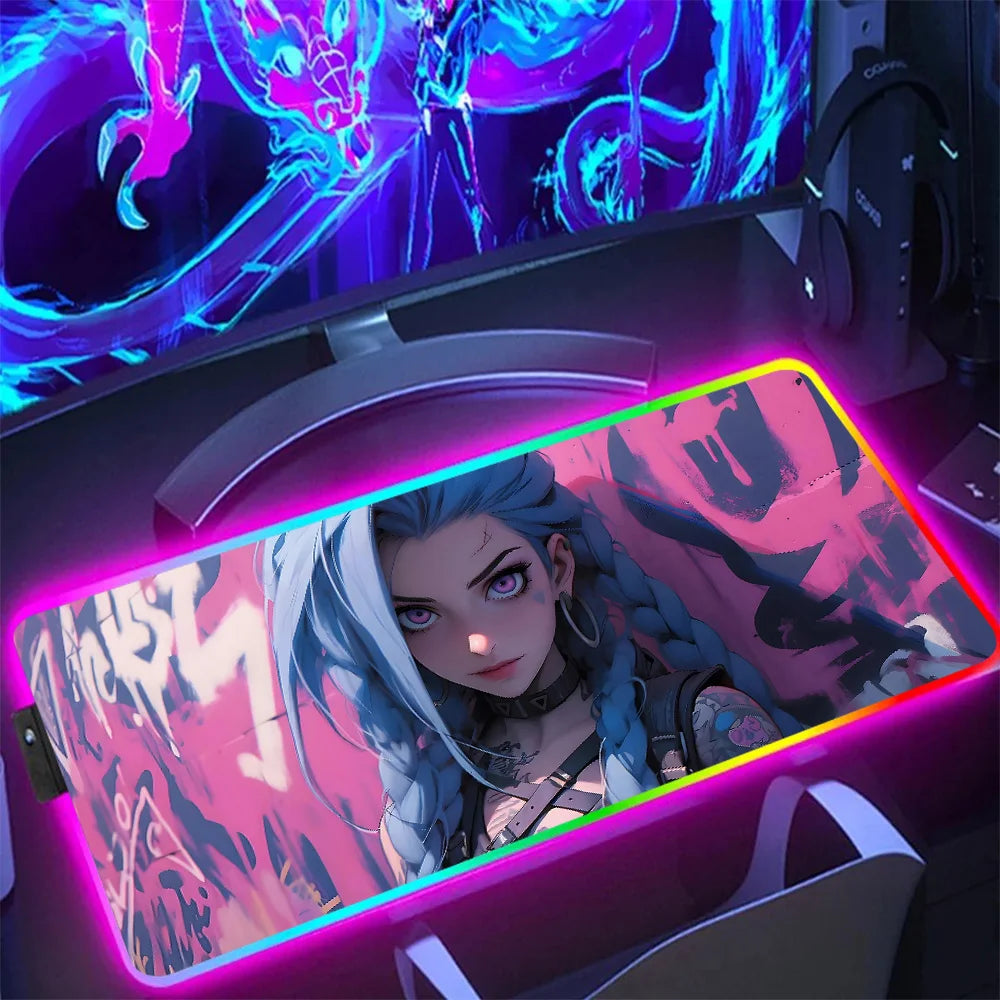 Hot Anime Game Graffiti Jinxs RGB Pc Gamer Keyboard Mouse Pad Mousepad LED Glowing Mouse Mats Rubber Gaming Computer Mausepad