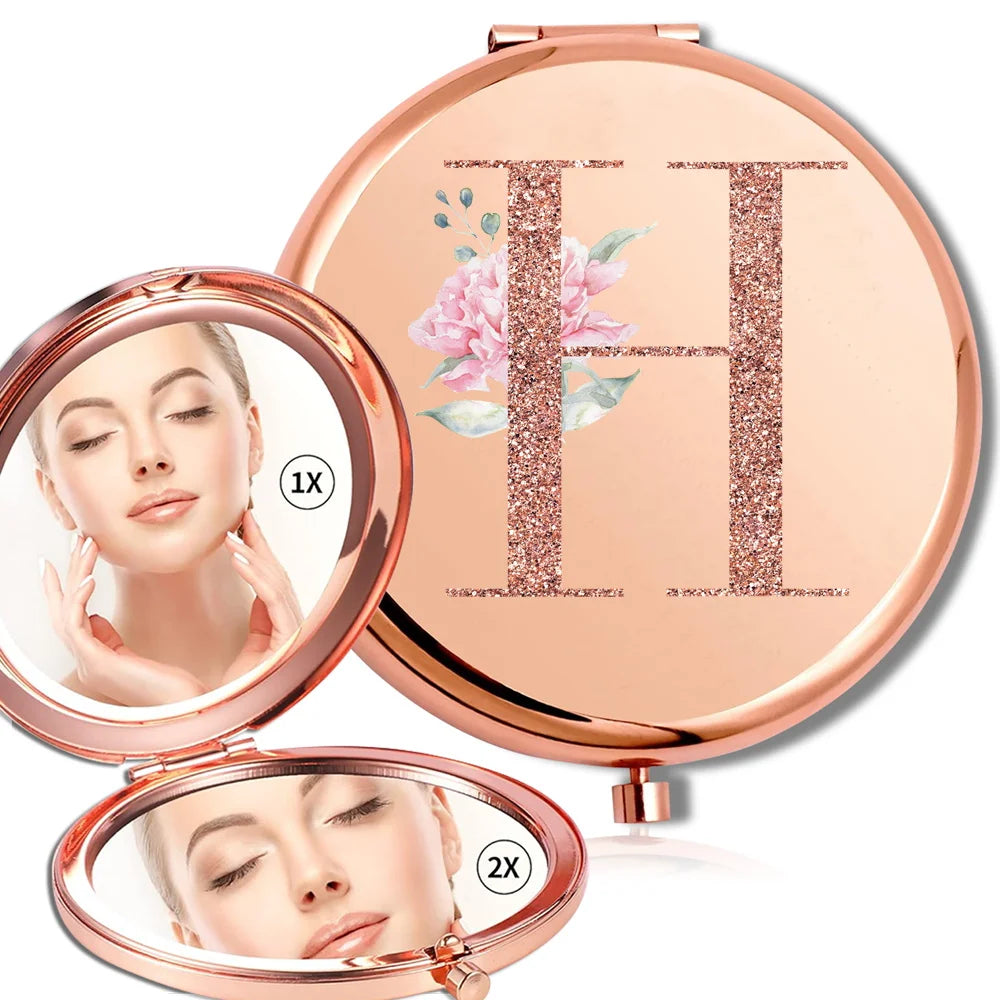 Magnifying Makeup Round Mirror Double Sided Metal Cosmetic Portable Look Glass Compact Handheld Mirror Rose Gold Letter Pattern
