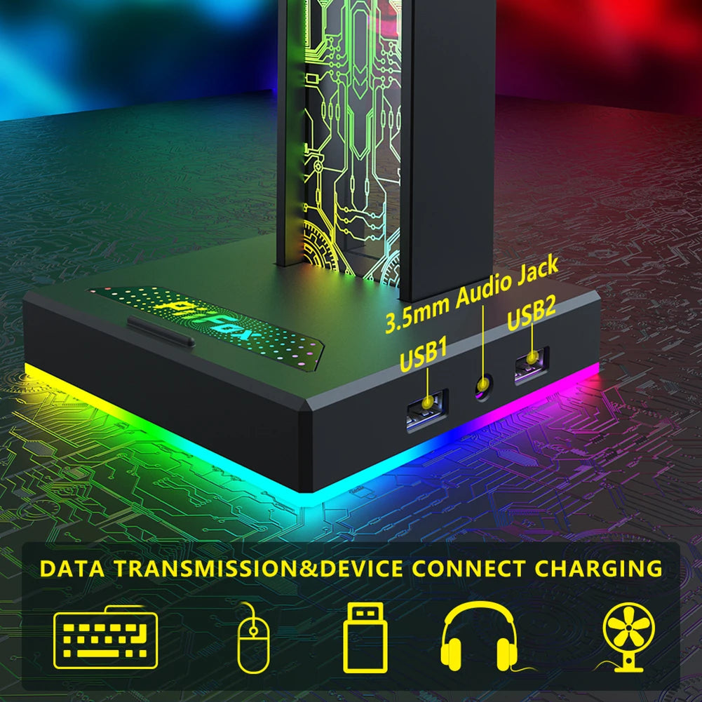 Desktop Gaming Headset Hanger Bracket RGB Headphone Holder Stand with 2 USB Charger Ports Earphone Rack For PUBG Computer Gamer