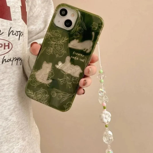Feather Yarn Green Sketch Cat Phone Case for IPhone 16 15 14 13 12 11 Pro Max Plus Transparent Shockproof Hard Cover