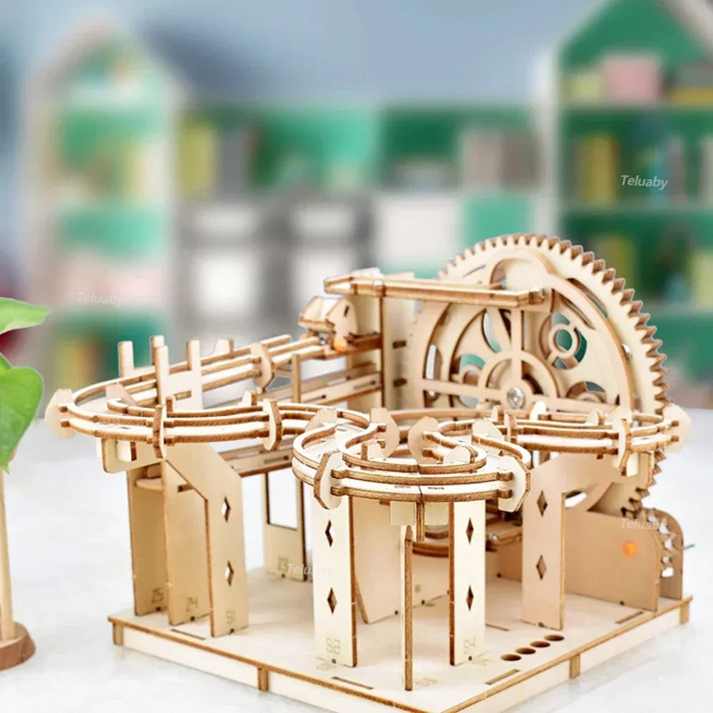 3D Wooden Puzzle DIY Building Kits Mechanical Model Marble Run Set with 4 Balls Creative STEM Toys for Adults Kids Birthday Gift