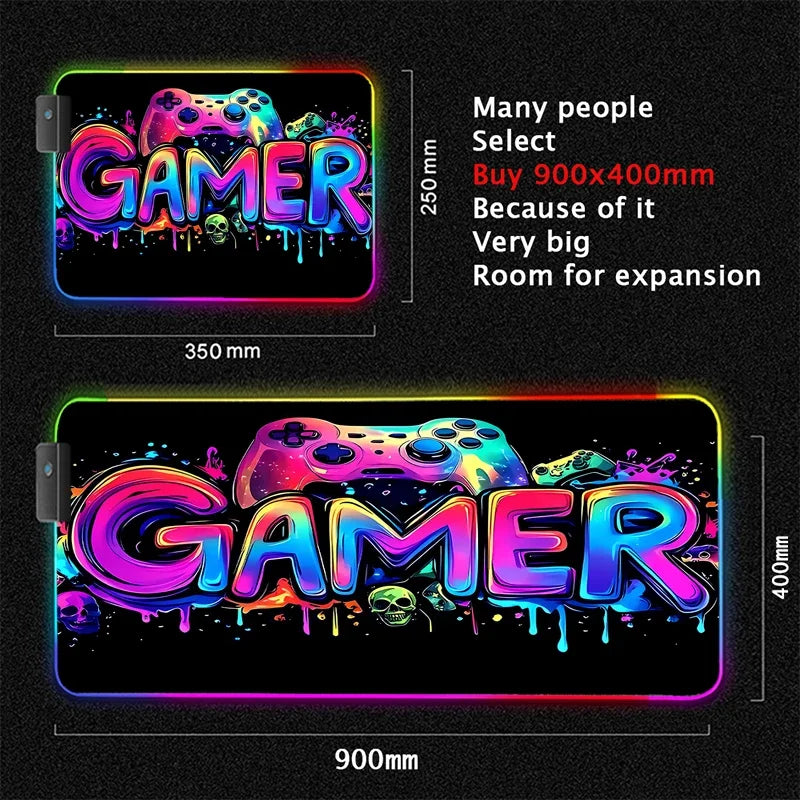 RGB Neon Gaming Controller Art Mouse Pad LED Backlight Luminous Gamer Rubber Keyboard Pads Esports Computer Accessories Desk Mat