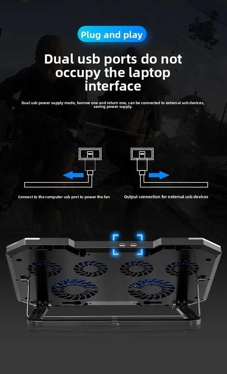17 inch gaming laptop cooler, 6-fan LCD screen, two USB ports, 1500RPM laptop cooling pad, RBG luminous laptop stand