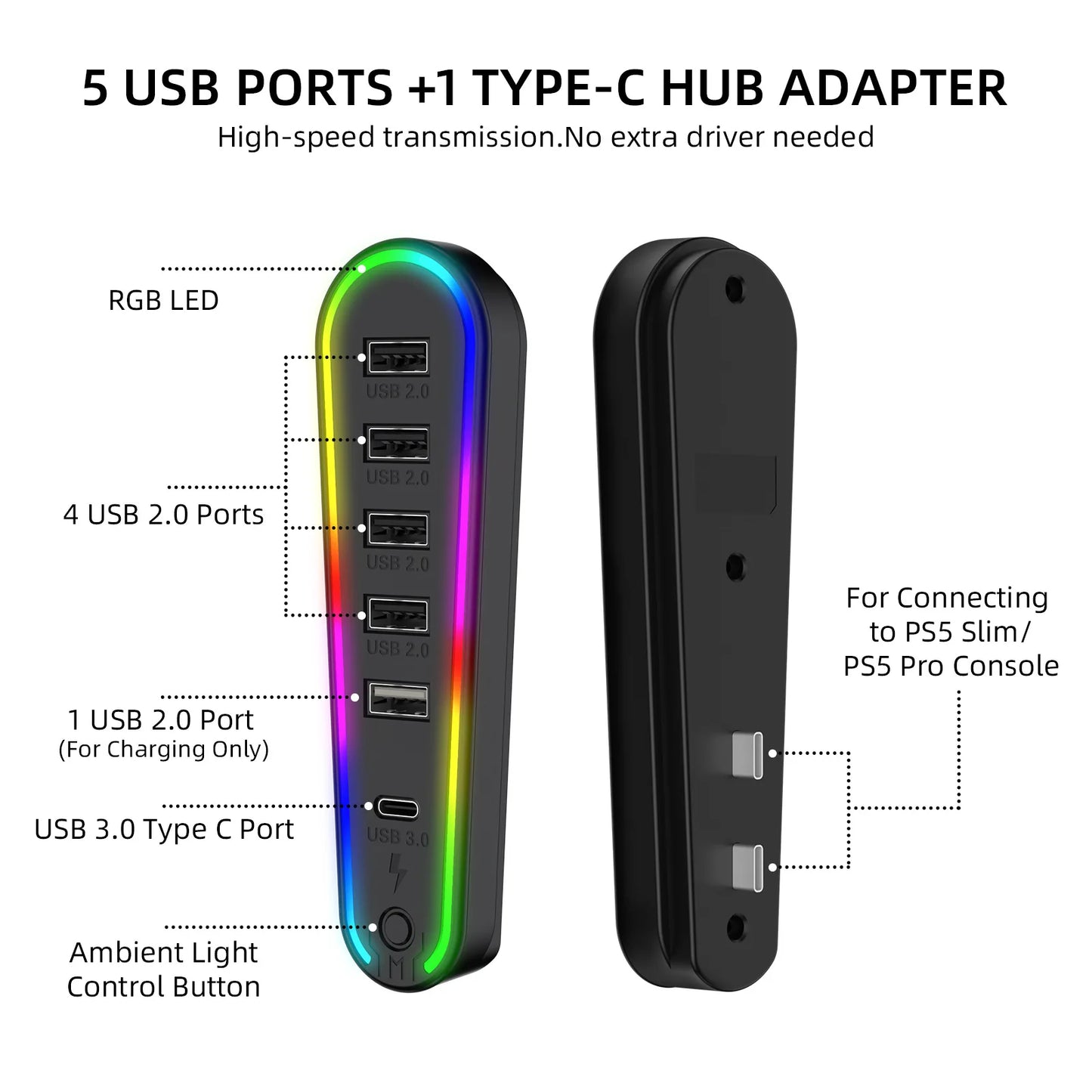 6 Ports USB Hub Splitter Expander Hub Charger Controller Splitter Expansion Adapter RGB lighting with 5 modes For PS5 Slim/Pro