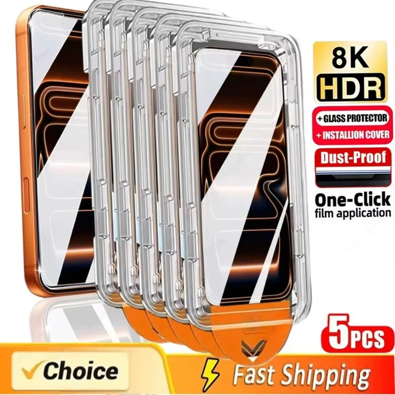 Dust Free Easy Installation Screen Protector For iPhone 17 Pro 16 15 13 12 11 14 Pro Max XR X XS 7 8 Plus SE HD Tempered Glass