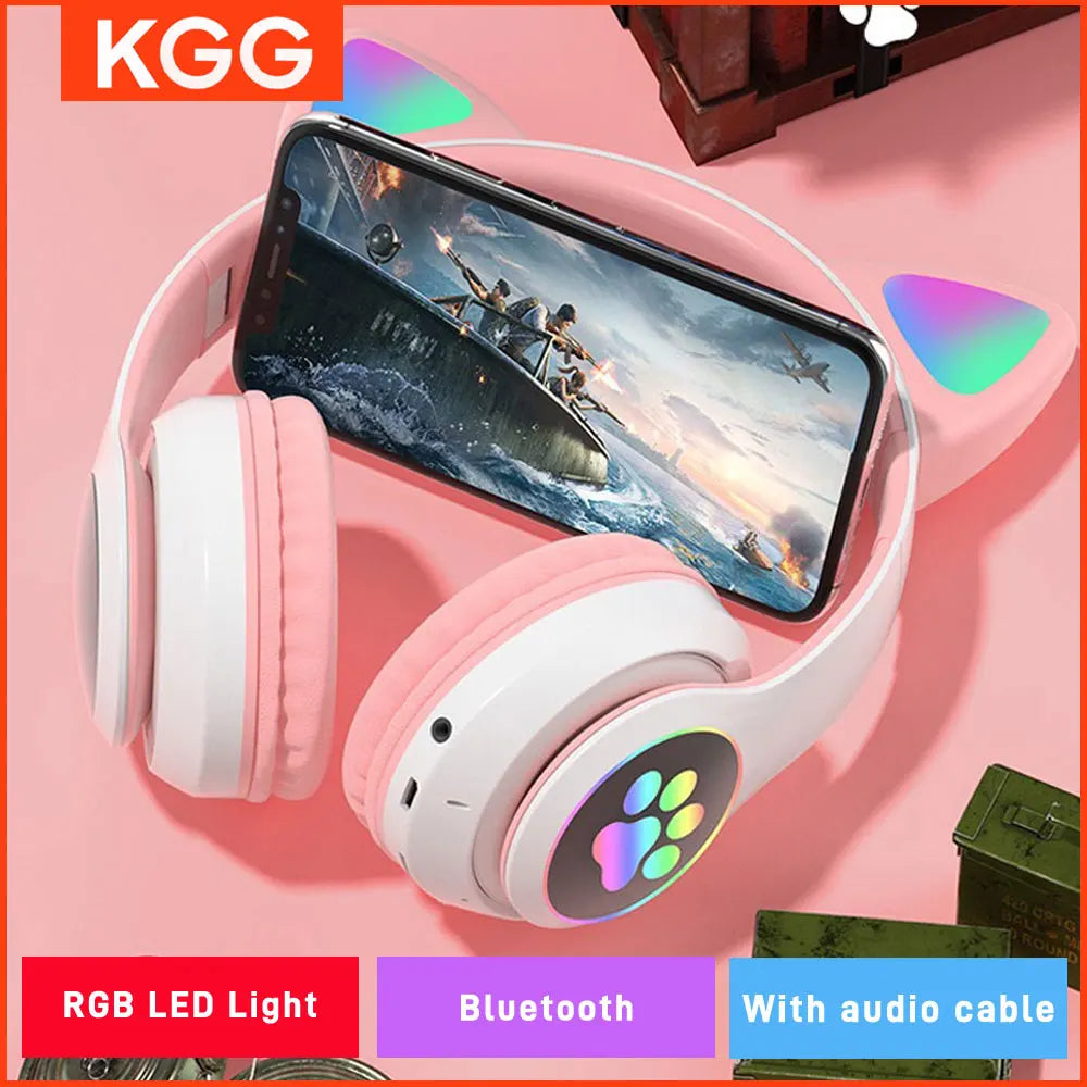 Cat Ears Headphones Flash Light Wireless With MIC Control LED Kid Girl Stereo Cute Music Helmet Bluetooth Phone Headset Earphone