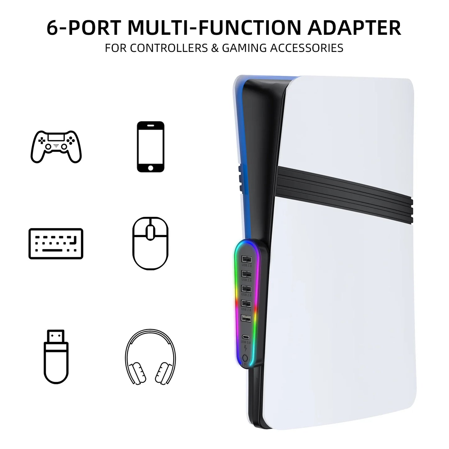 6 Ports USB Hub Splitter Expander Hub Charger Controller Splitter Expansion Adapter RGB lighting with 5 modes For PS5 Slim/Pro