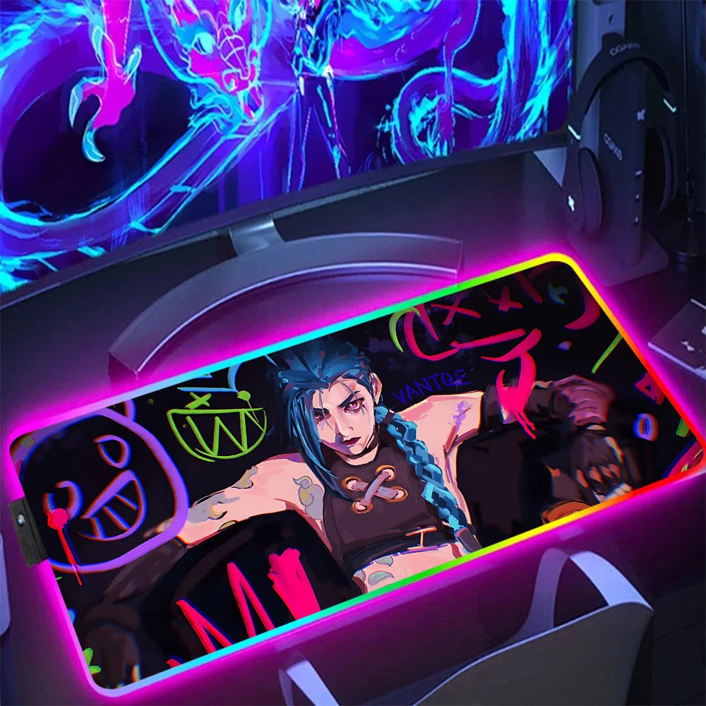 Hot Anime Game Graffiti Jinxs RGB Pc Gamer Keyboard Mouse Pad Mousepad LED Glowing Mouse Mats Rubber Gaming Computer Mausepad
