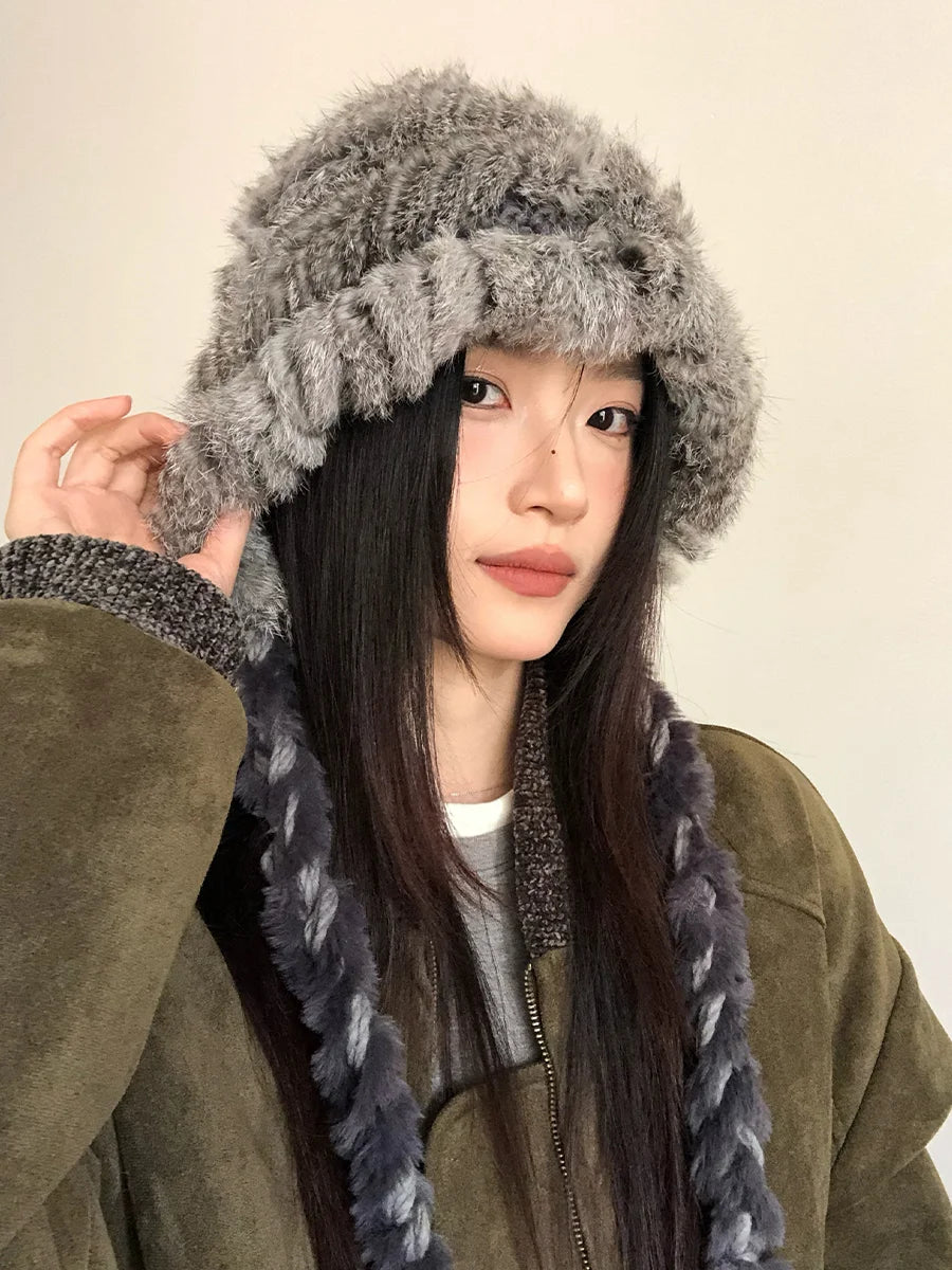Rabbit Hair Mixed Wool Hat For Women Autumn And Winter Style Thickened And Warm Knitted Hat Cold-Proof And Ear-CoveringEd Hat