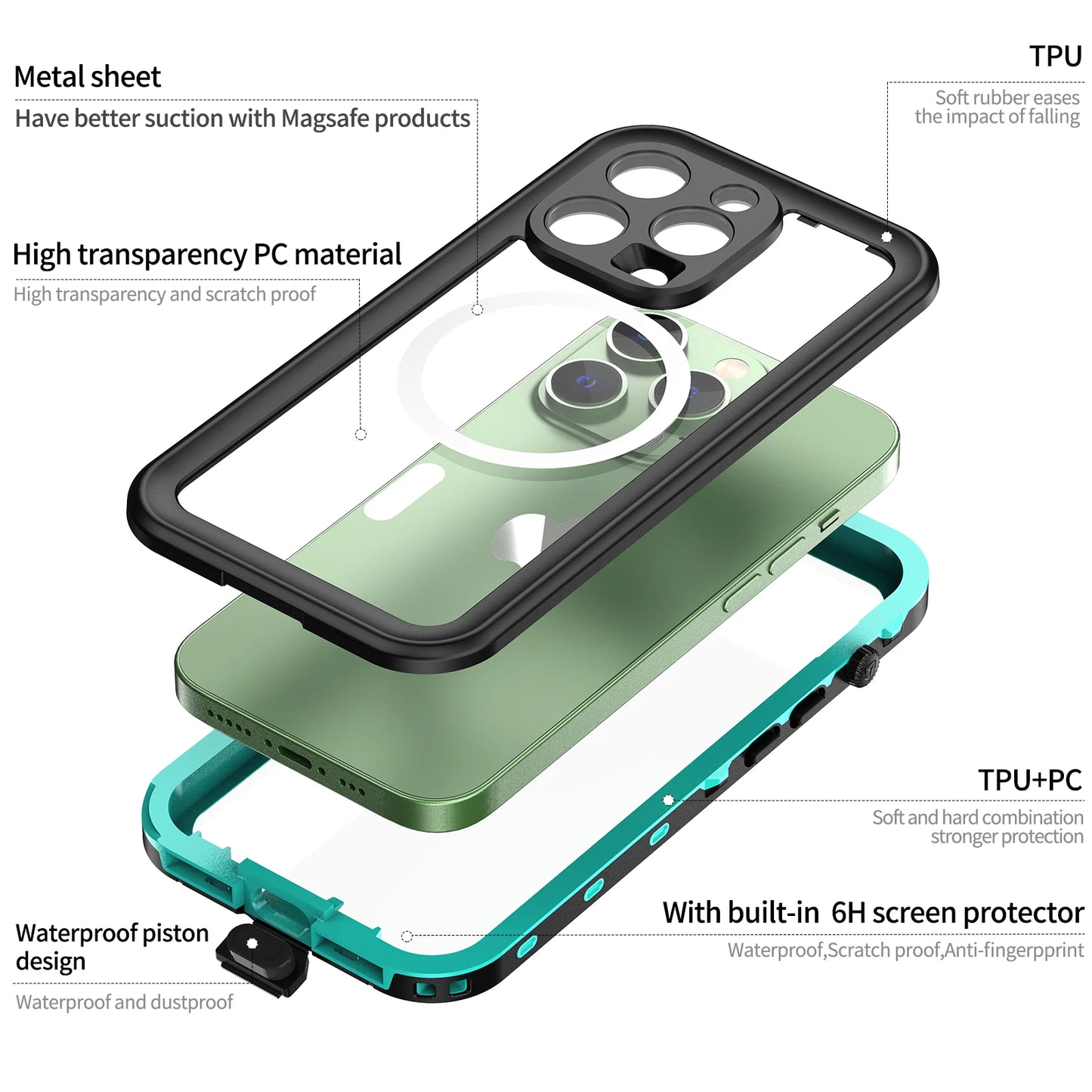 Shellbox-Waterproof and Dustproof Case for iPhone Magnetic Charging Diving Underwater 360 Full Cover IP68 16 15 14 13ProMax Plus