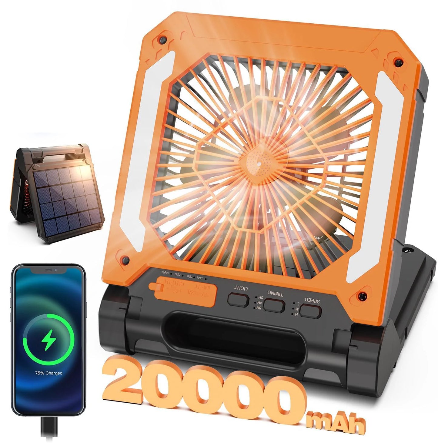 Portable Solar Camping Fan with Light,3Speeds Rechargeable 20000mAh Battery Powered&Timer&Hook&PowerBank for Hiking Picnic RV
