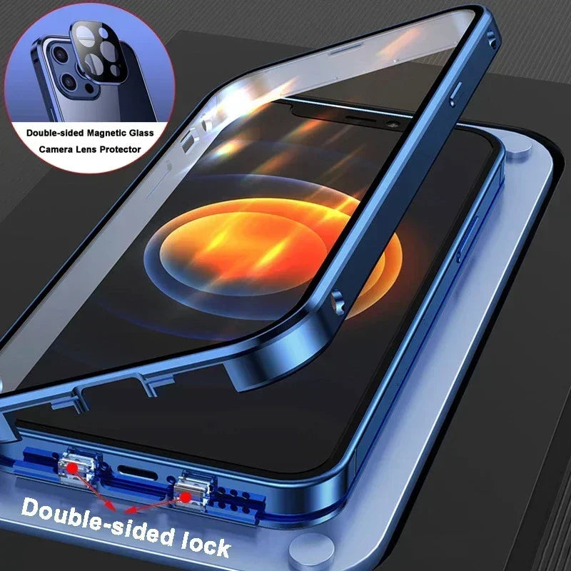 Double Sided Buckle Magnetic Glass Case For iPhone 17 16 15 14 13 12 Pro Max Air Mini Plus 360° Full Body Protection Phone Cover