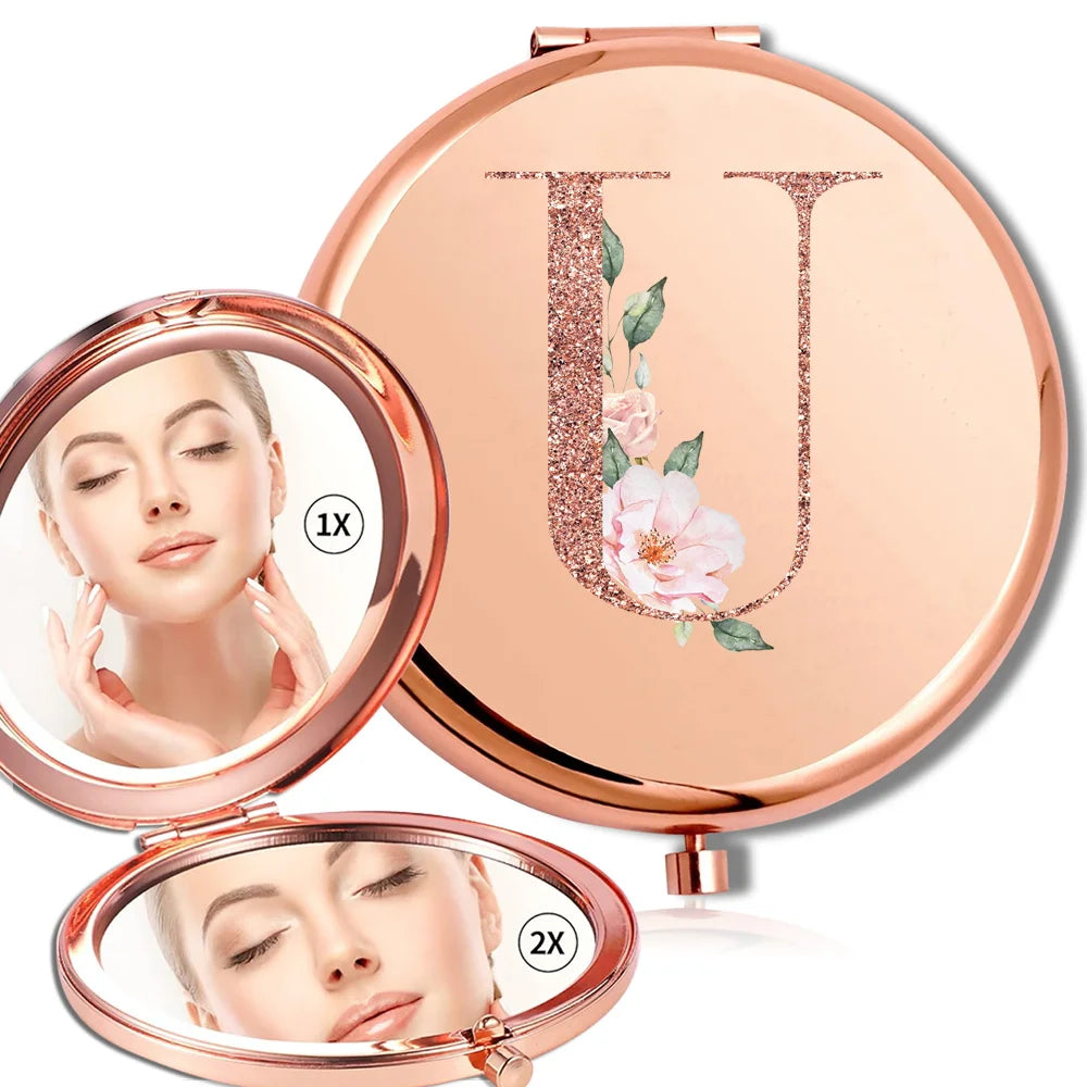 Magnifying Makeup Round Mirror Double Sided Metal Cosmetic Portable Look Glass Compact Handheld Mirror Rose Gold Letter Pattern