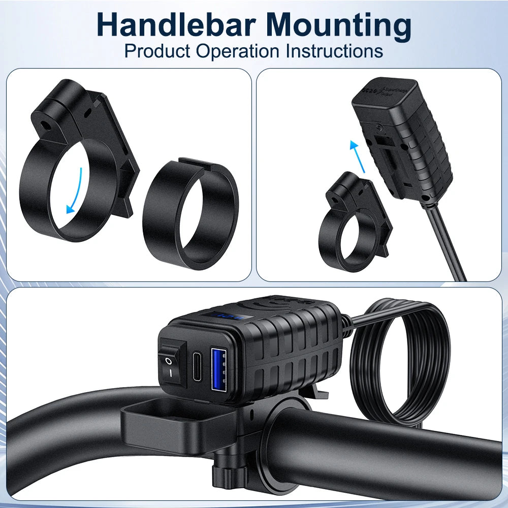 Motorcycle Phone Charger 48W Waterproof Motorcycle USB Charger Socket with Voltmeter & ON/Off Switch for Phone, Tablet, GPS