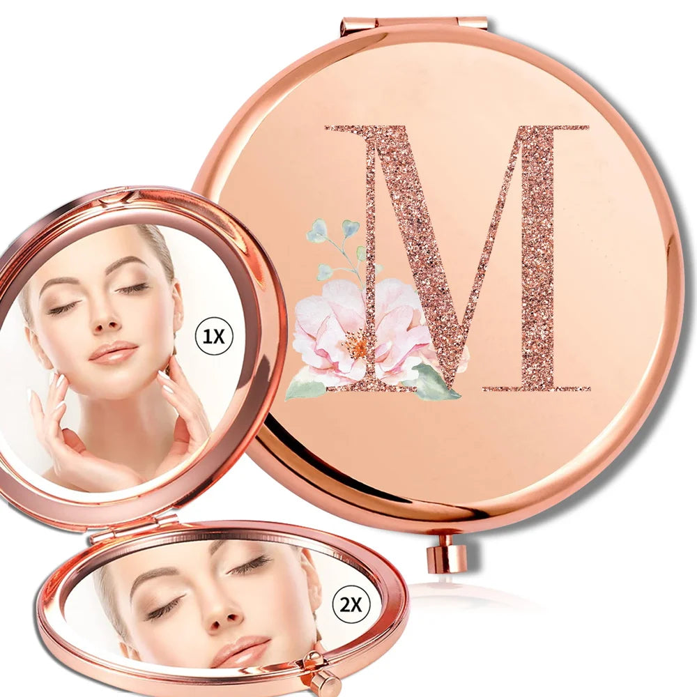 Magnifying Makeup Round Mirror Double Sided Metal Cosmetic Portable Look Glass Compact Handheld Mirror Rose Gold Letter Pattern