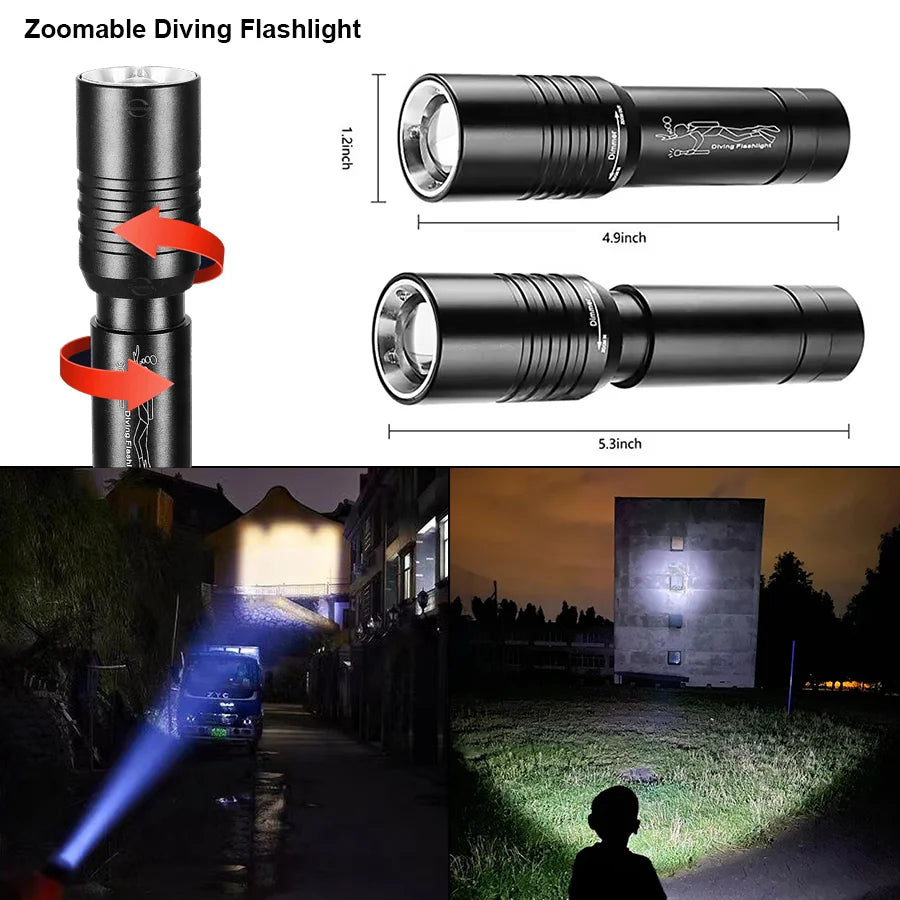 Powerful LED Diving Flashlight Zoomable Underwater Torch  Professional Diving 300M Dive Lights IPX8 Waterproof Fishing Lantern