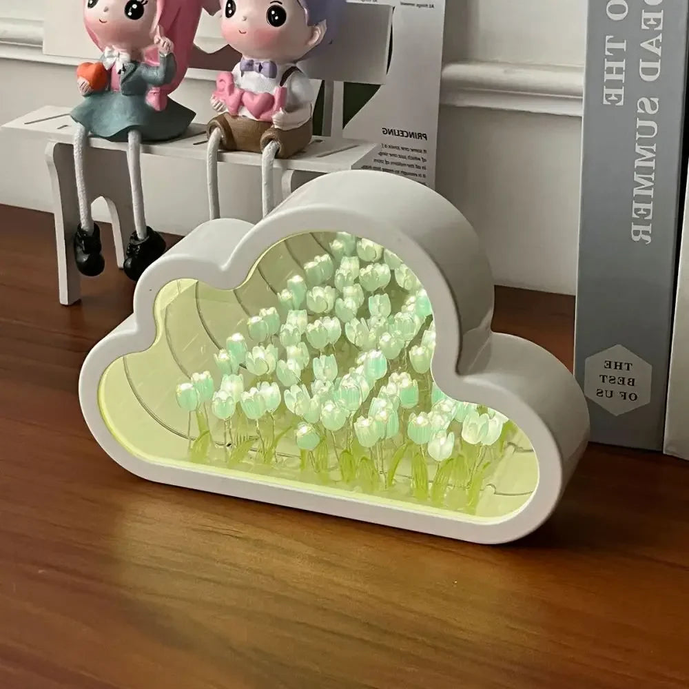 LED Night Light Mirror Table Lamp Bedroom Decor Lights New Handmade DIY Tulip Flower Sea Night Atmosphere Lamp Clouds Tulip Lamp