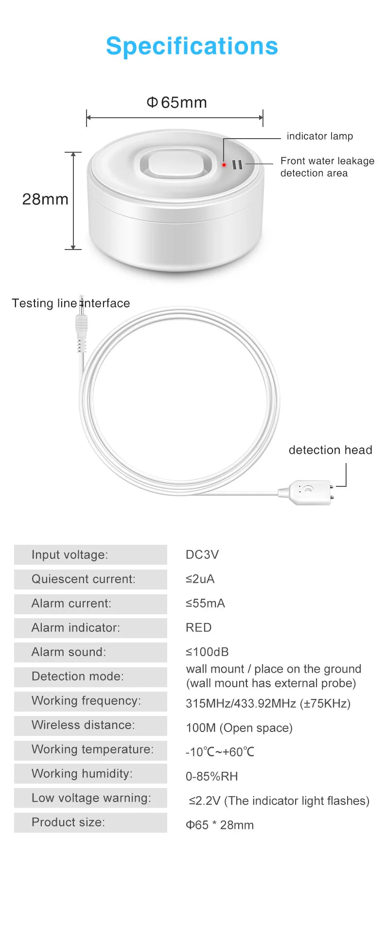 Water Leak Alarm Detector, 100dB Loud Alert Water Sensor, IP55 Waterproof, , Easy Installation for  Home Basement Flood NO Smart