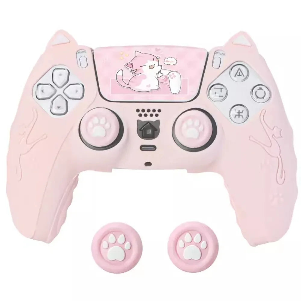 Silicone Controller Case Set with Thumb Grip Caps Cat Paw Controller Skin with Sticker Anti-slip Protective Shell Cover for PS5