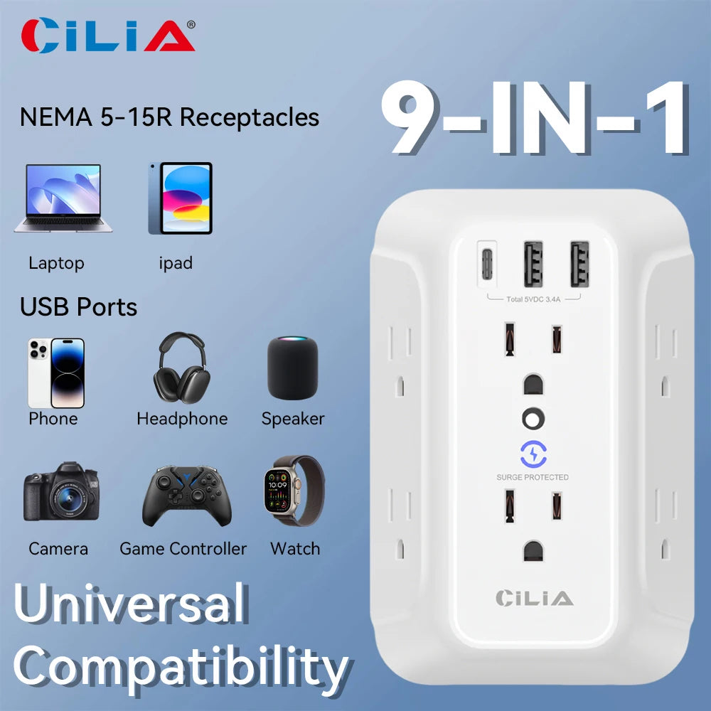 Surge Protector,Wall Plug ,Power Outlet Multi-Purpose Socket with Standard Grounding US Standard Power Extension，2USB,1Type-C