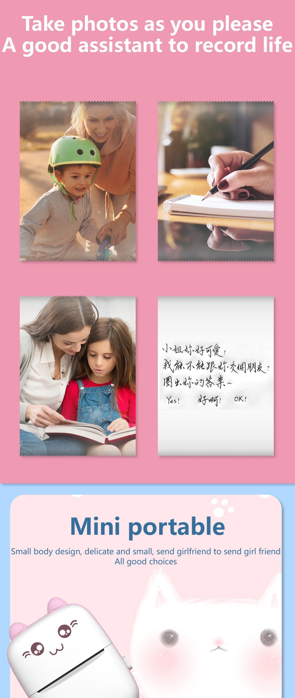 Mini high-definition thermal paper printer, APP+Bluetooth ink free portable printer, suitable for learning/daily label printing