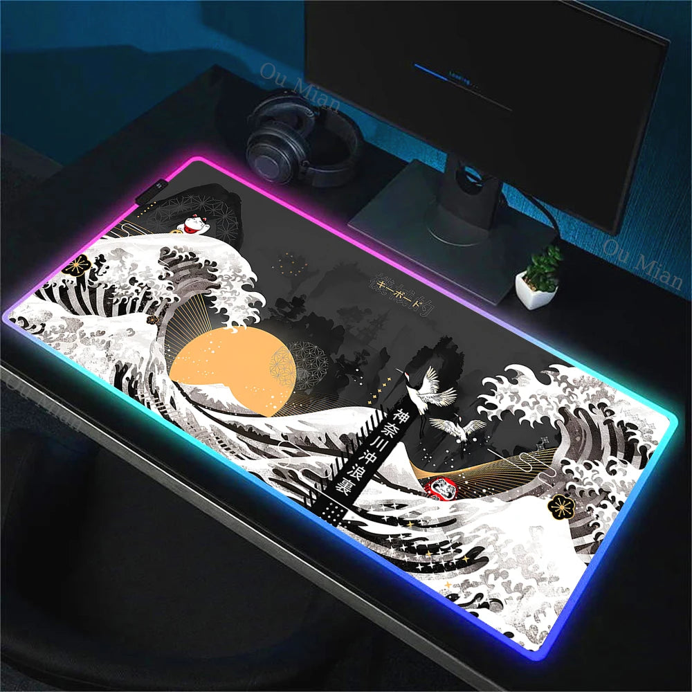 900x400mm RGB Mouse Pad The Great Wave off Kanagawa Design Waterproof Backlit Gaming Mousepad Protector with Laptop Accesso Mat