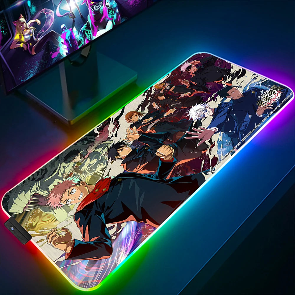 Jujutsu Kaisen Anime RGB Pc Gamer Keyboard Mouse Pad Gojo Satoru Mousepad LED Glowing Mouse Mats Rubber Gaming Computer Mats Xxl