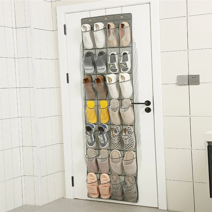 Over-the-door shoe organizer, 24 breathable mesh pockets, space-saving hanging rack for shoes, accessories, etc.