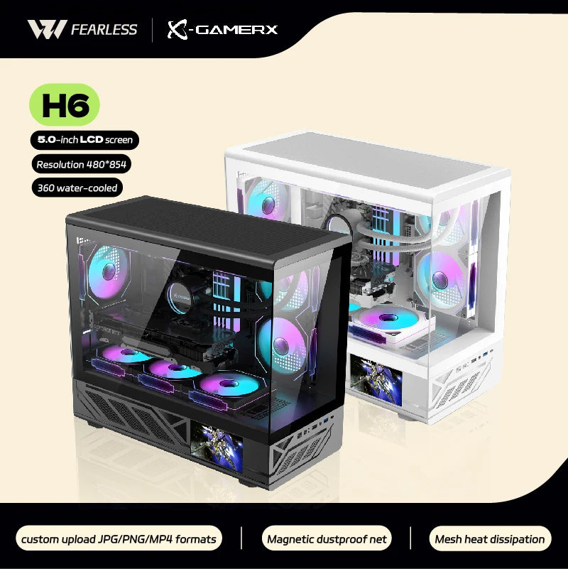 PowerTrain X-GAMERX H6 PC gaming case MATX ITX Sea View Room Resolution 480×854 5-inch LCD Screen 360 water cooler Computer Case