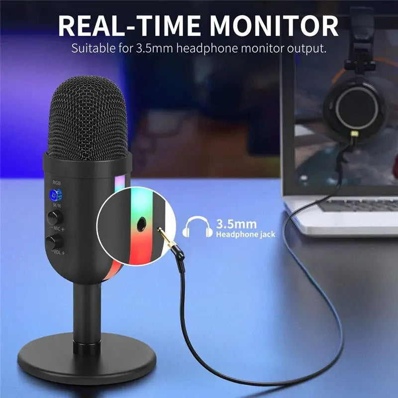 ABGI-RGB Gaming Microphone For PC Computer Recording USB Condenser Microphone Podcasters Be Influencers Gamers Studio Mic Easy T