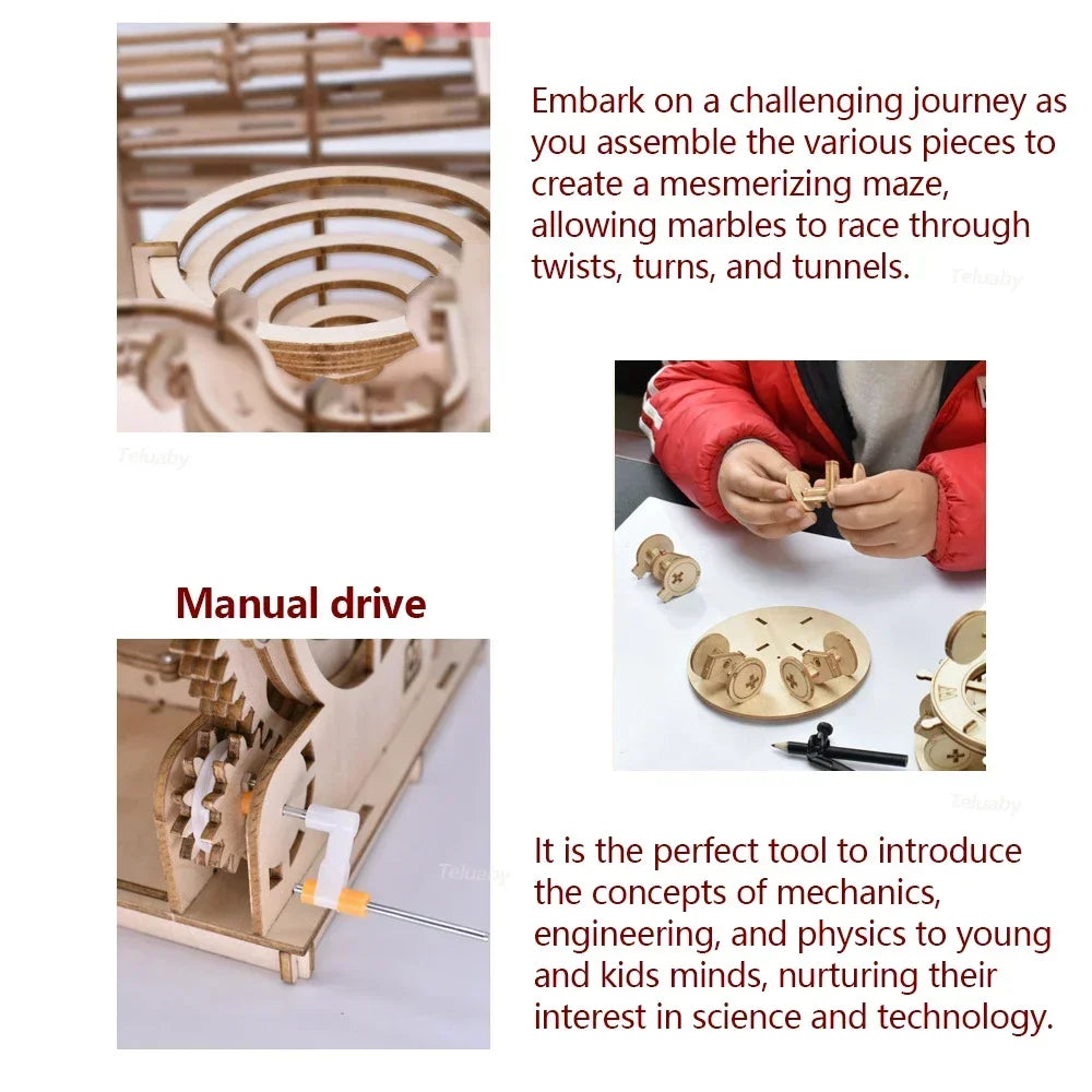 3D Wooden Puzzle DIY Building Kits Mechanical Model Marble Run Set with 4 Balls Creative STEM Toys for Adults Kids Birthday Gift