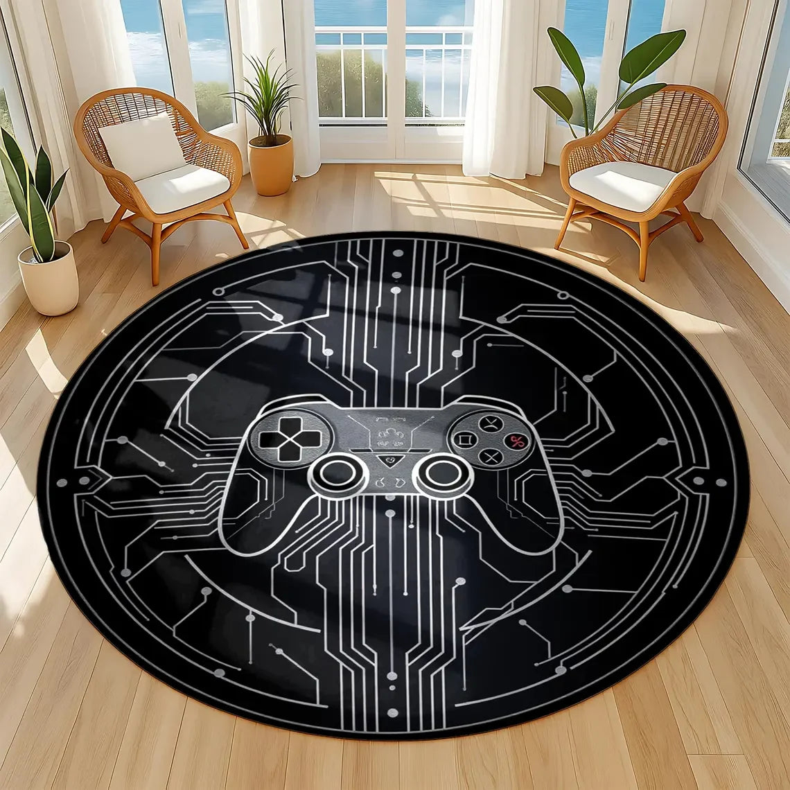 Gamer Controller Round Rug Cool Black Circuit Board Carpet for Gaming Rooms, Teens, Man Caves & Geek Decor Floor Mat