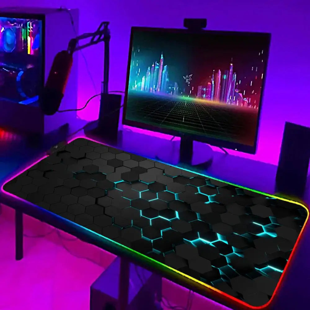 Geometric Art Mouse Pad XXL RGB Gaming MousePad HD Gamer Accessories Large LED Light MousePads PC Computer Carpet With Backlit