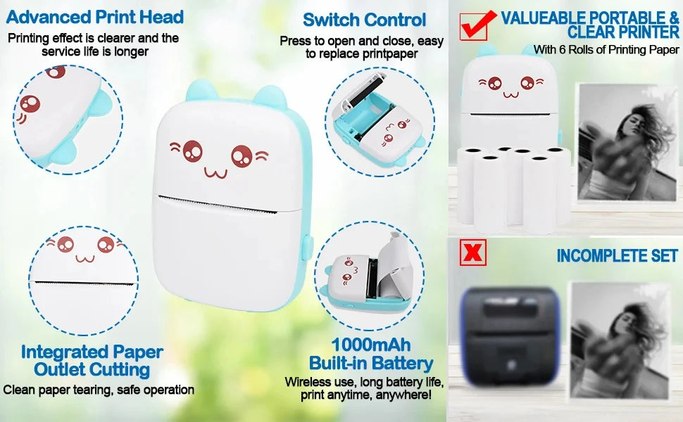 Mini Bluetooth Thermal Printer 200dpi for Labels, Photos, and Memo Printing - Portable with USB Cable