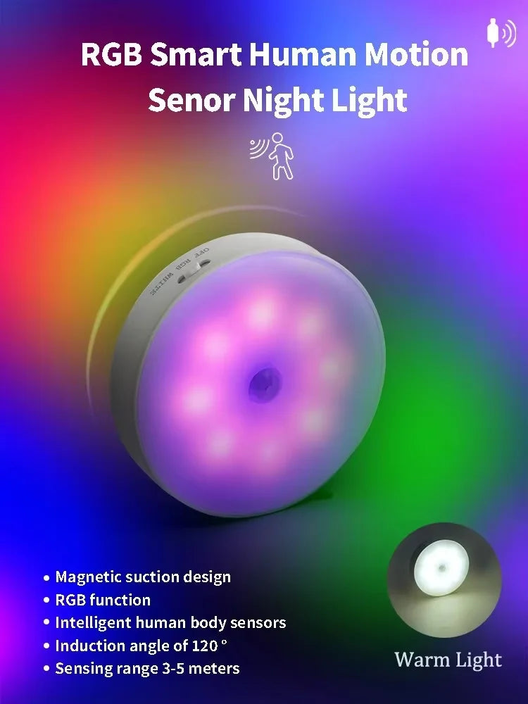 LED Night Light Smart Human Body Sensor Automatic Lighting Magnetic Suction Wireless Use Adjustable Brightness RGB Night Lamp