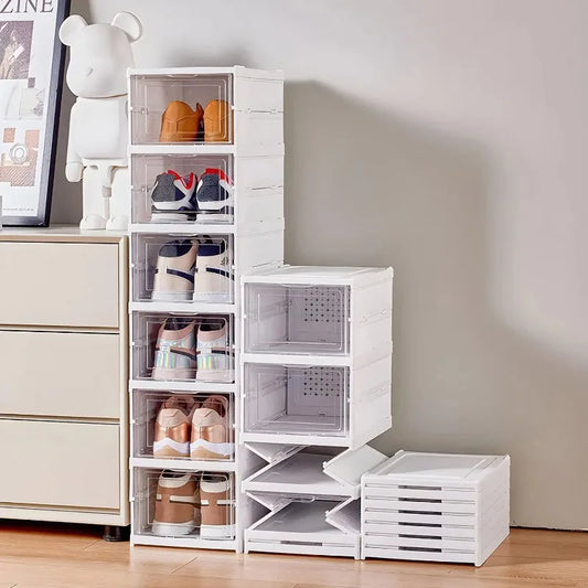 3 or 6 Tier Clear Shoe Organizer Stackable Foldable Cabinet for Sneakers Dustproof Transparent Display Rack Space Saving Storage