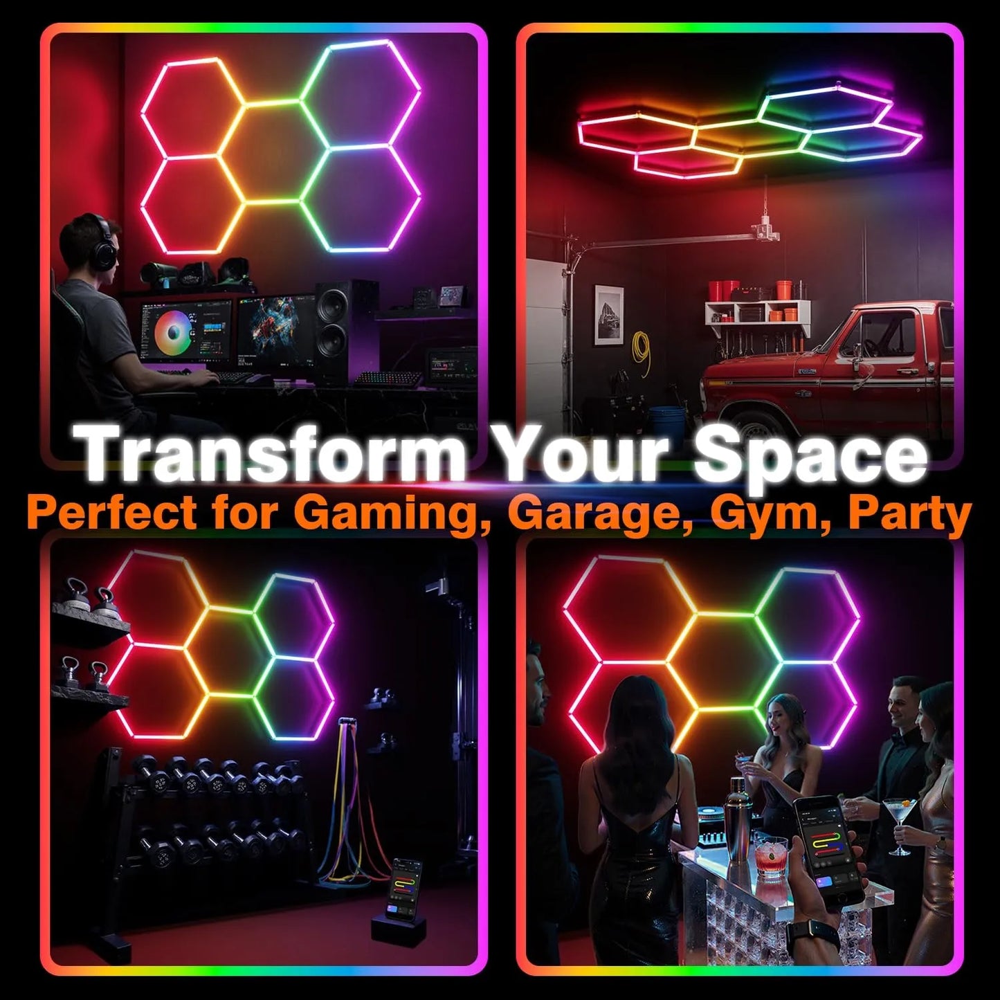 RGB hexagonal garage light, can be controlled by both APP and remote control, with multiple colors adjustable freely