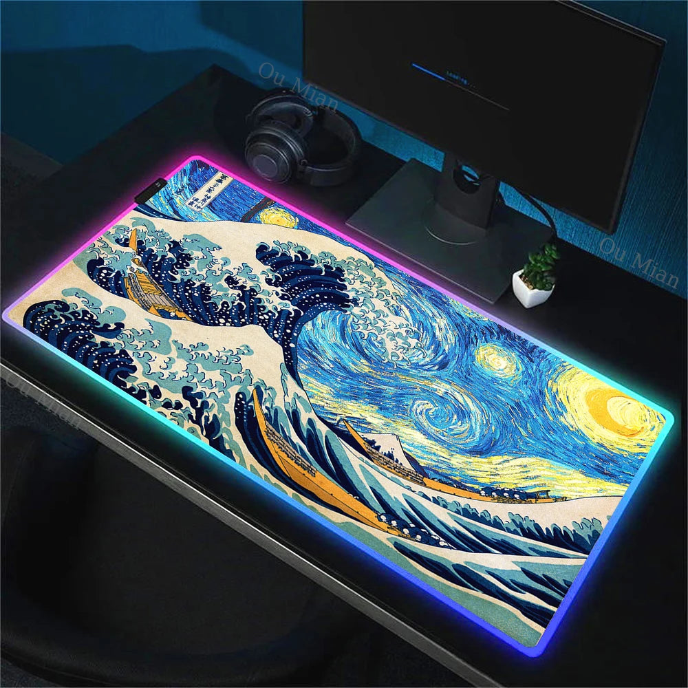 900x400mm RGB Mouse Pad The Great Wave off Kanagawa Design Waterproof Backlit Gaming Mousepad Protector with Laptop Accesso Mat