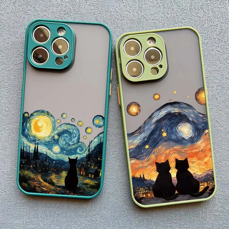 Artistic Black Cat Starry Night Phone Case For iPhone 17 15 14 13 12 11 Pro Max 12 16 Mini XS X XR 14 15 Plus Shockproof Shells