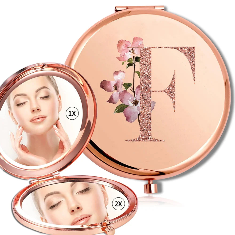 Magnifying Makeup Round Mirror Double Sided Metal Cosmetic Portable Look Glass Compact Handheld Mirror Rose Gold Letter Pattern