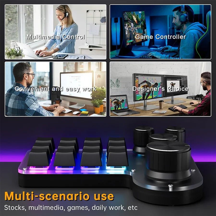 3 Modes 12 Keys Mechanical Keyboard 4 Knobs Custom Programming Macro Gaming Keyboard RGB Bluetooth 2.4G USB Wired Keypad for PS