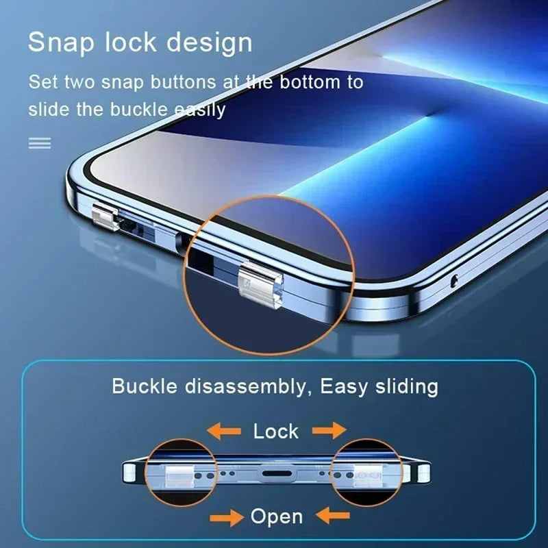 Double Sided Buckle Magnetic Glass Case For iPhone 17 16 15 14 13 12 Pro Max Air Mini Plus 360° Full Body Protection Phone Cover