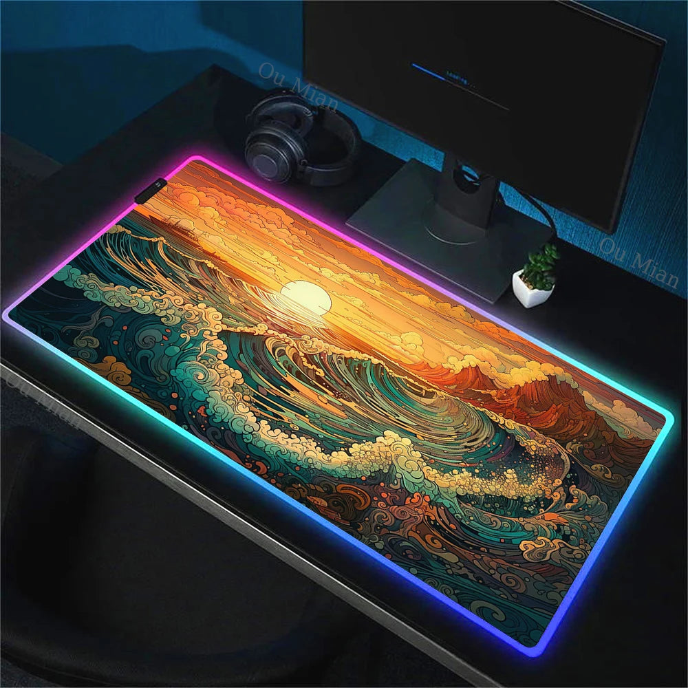 900x400mm RGB Mouse Pad The Great Wave off Kanagawa Design Waterproof Backlit Gaming Mousepad Protector with Laptop Accesso Mat