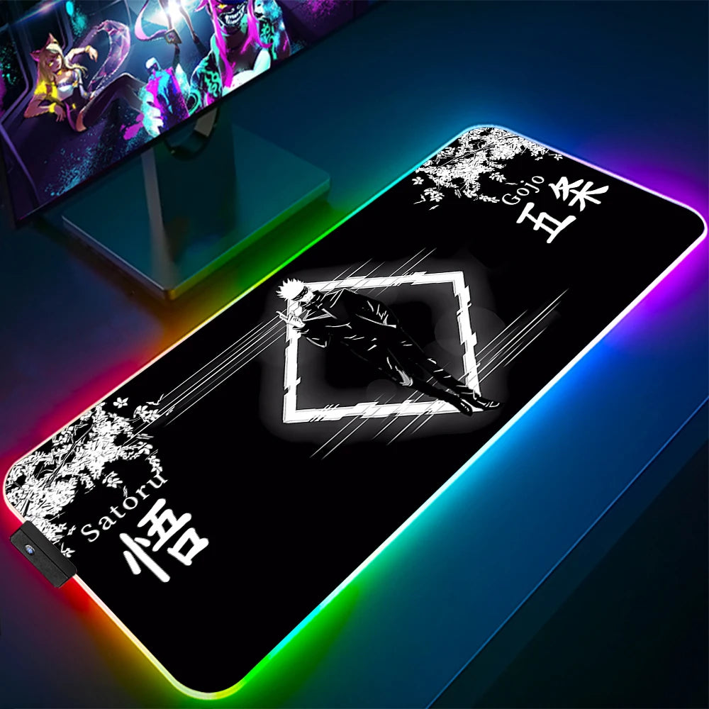 Jujutsu Kaisen Anime RGB Pc Gamer Keyboard Mouse Pad Gojo Satoru Mousepad LED Glowing Mouse Mats Rubber Gaming Computer Mats Xxl