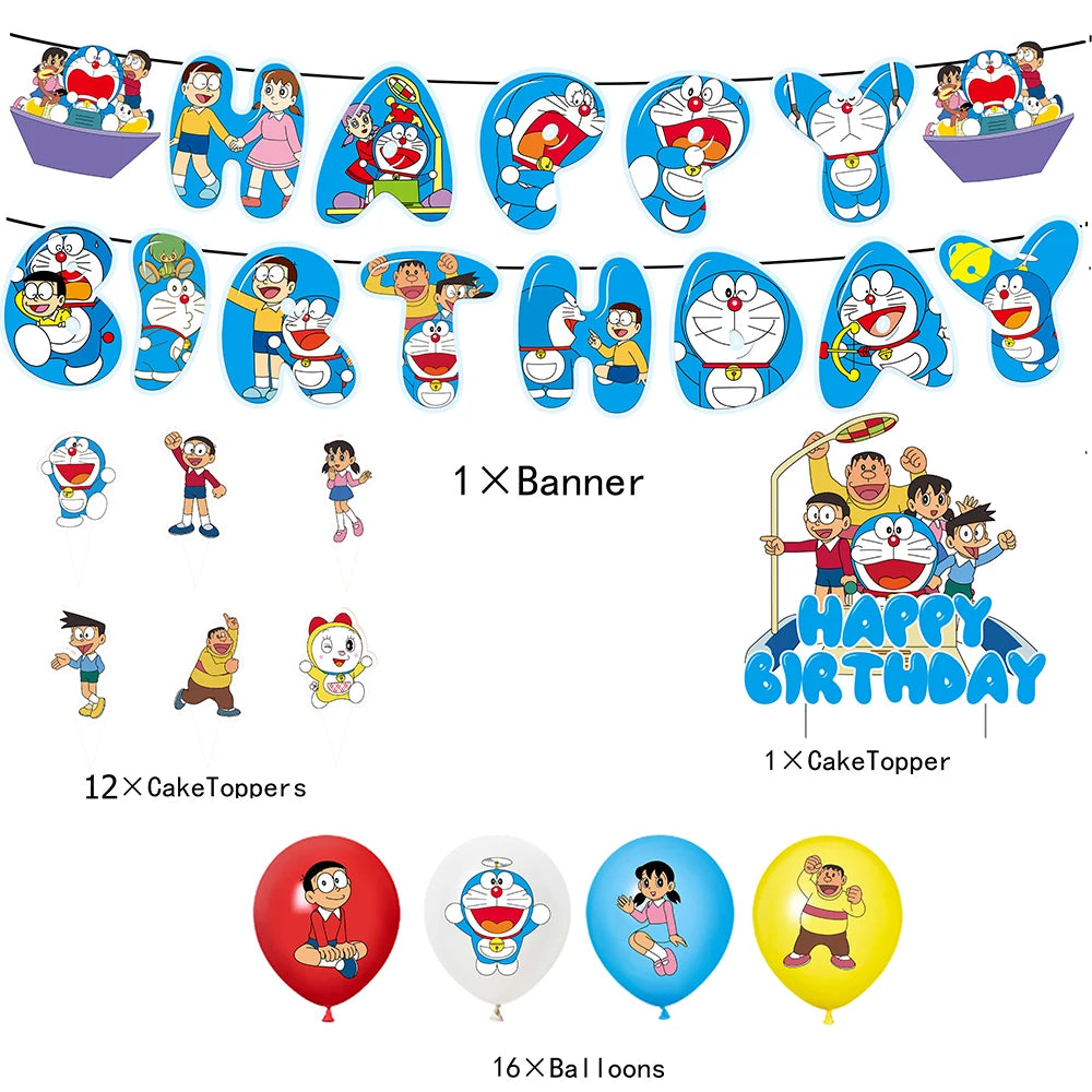 Cute Doraemon series Birthday Party dinnerware Disposable Banner Cake Topper Hanging Flag Doraemon Balloons Birthday Decoration