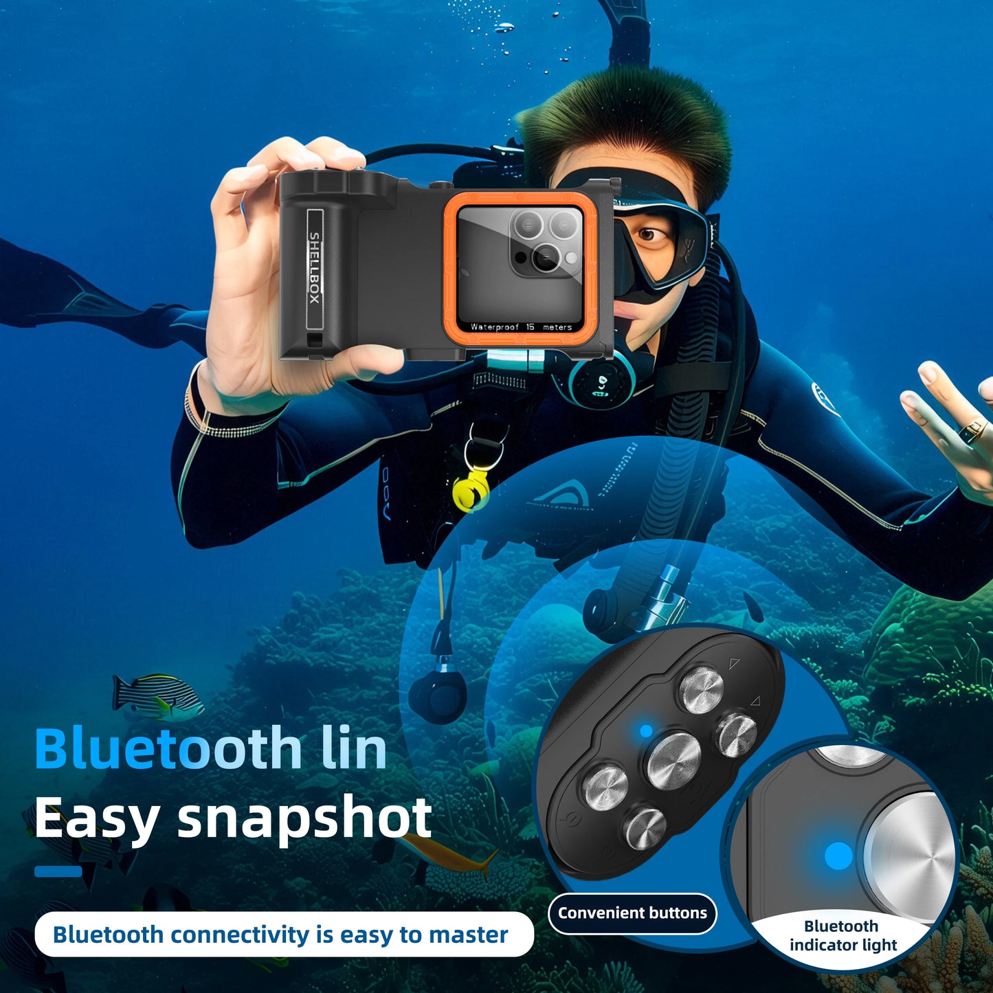 Shellbox Newly Upgraded IP68 Bluetooth Control 15M/50ft Diving/Swimming Photography Professional Diving Waterproof Phone Case
