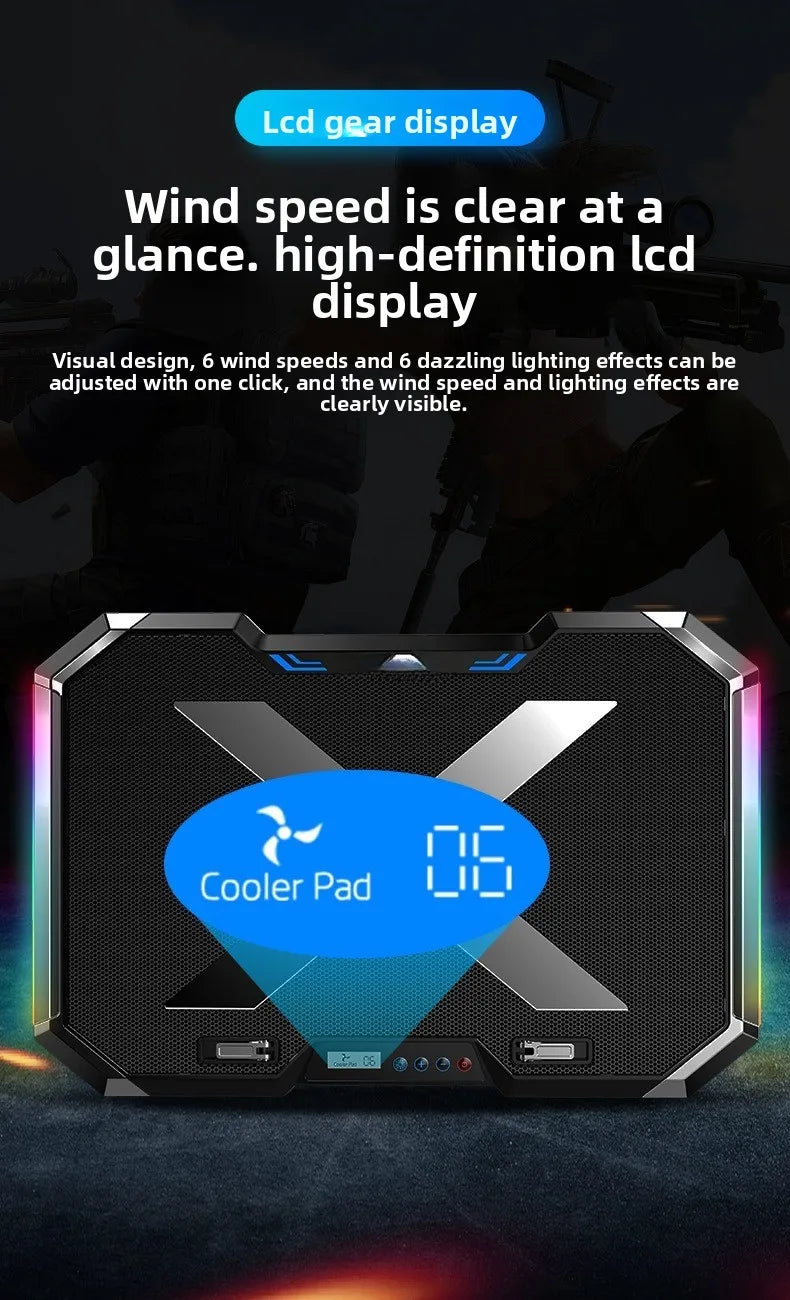 17 inch gaming laptop cooler, 6-fan LCD screen, two USB ports, 1500RPM laptop cooling pad, RBG luminous laptop stand